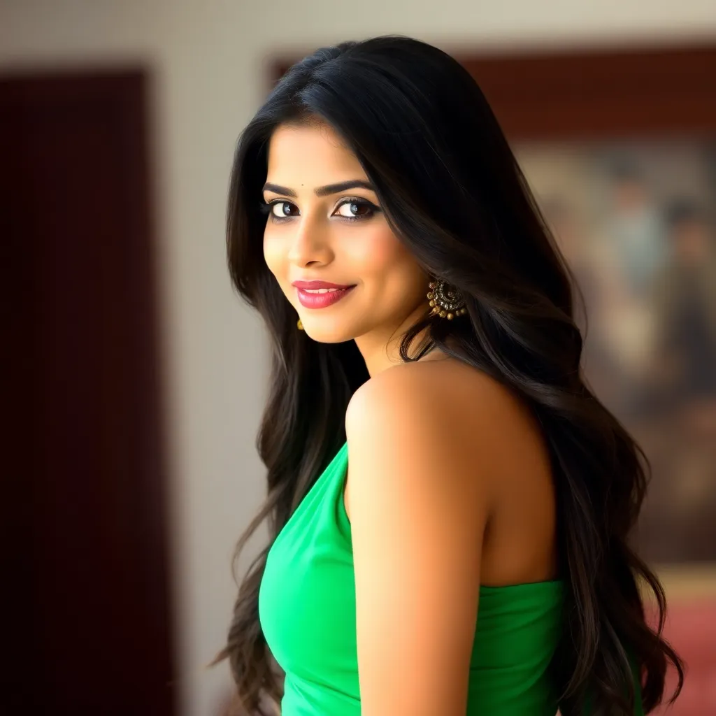 Charming Indian woman with long hair wearing a green dress, representing a premium Lucknow escort
