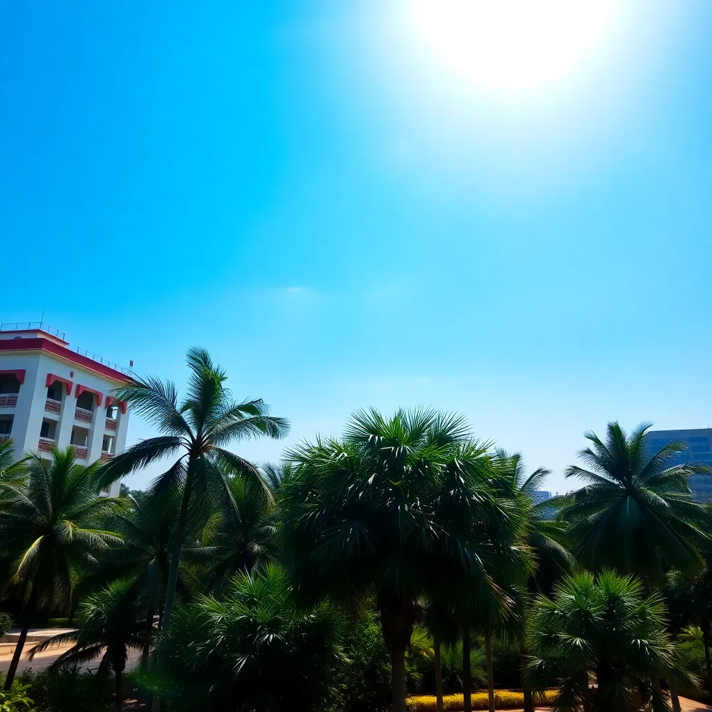 Bright sunny sky over Chennai city with hot and humid weather conditions forecasted for IPL 2025 match day, showing clear blue sky and palm trees