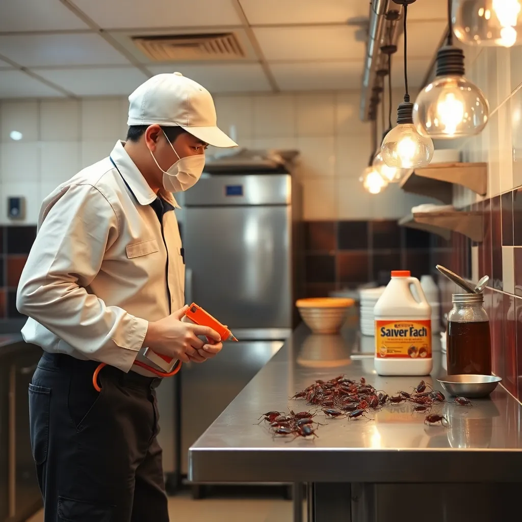 Cockroach extermination in a restaurant kitchen with pest control technician spraying insecticide
