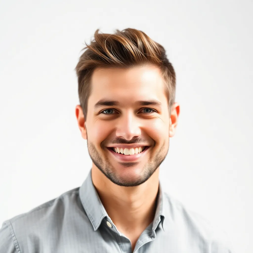 Portrait of a male product manager with friendly smile and white background