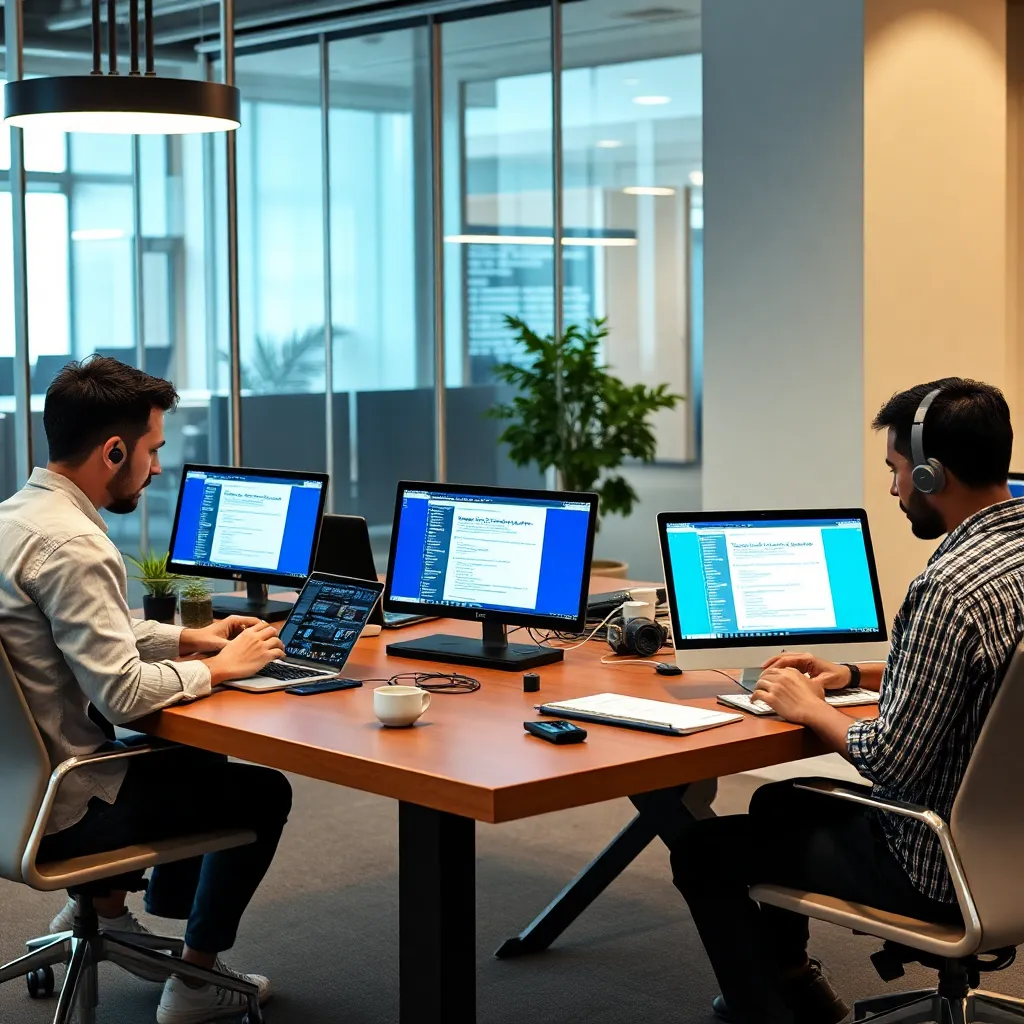 Modern office workspace with developers collaborating on cloud-native application development using laptops and digital devices