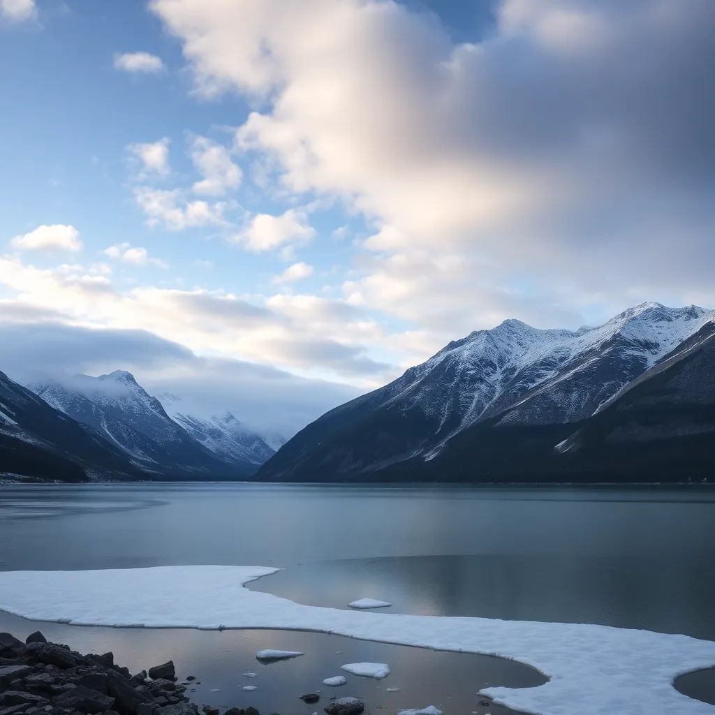 Scenic mountain lake with ice and cloudy sky