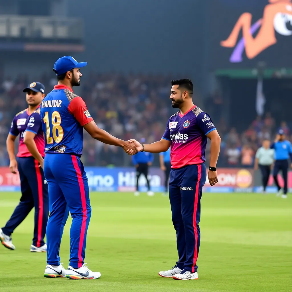 Mumbai Indians and Rajasthan Royals players shaking hands before IPL match