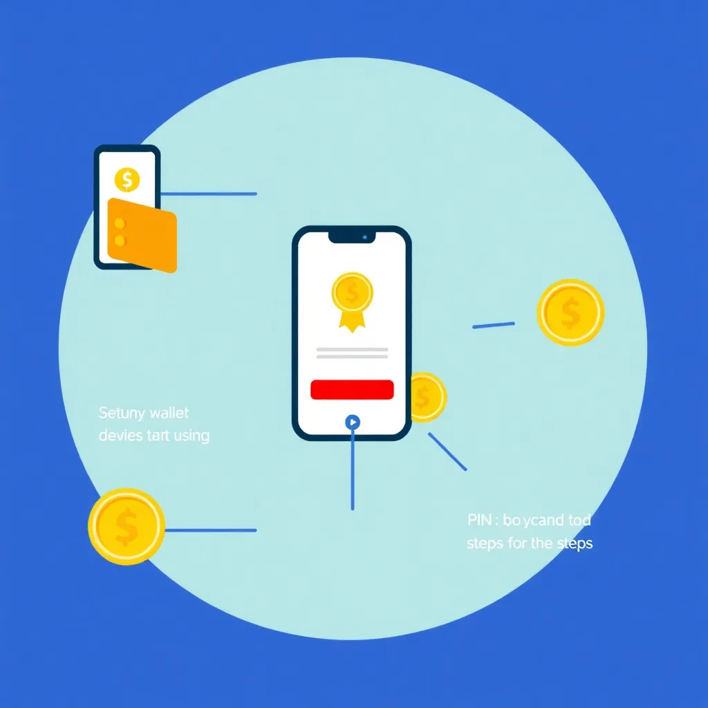 Graphic showing device setup steps with wallet, PIN, and coins steps