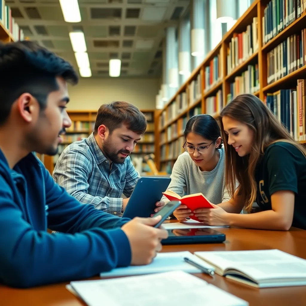 University library with students studying and accessing digital resources