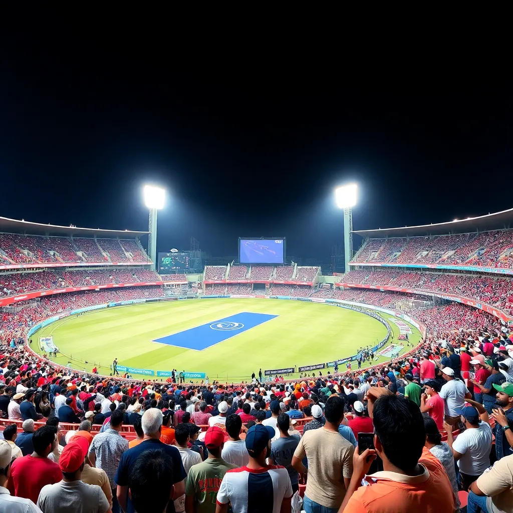 A packed Narendra Modi Stadium under daylight with enthusiastic cricket fans watching IPL 2025 Qualifier 1 match between Punjab Kings and Royal Challengers Bengaluru