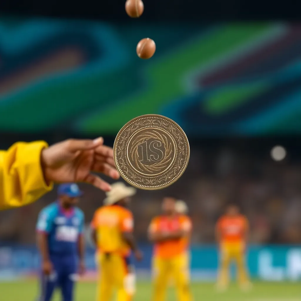 Close-up image of a cricket toss coin flipping in the air during IPL 2025 match between Chennai Super Kings and Sunrisers Hyderabad