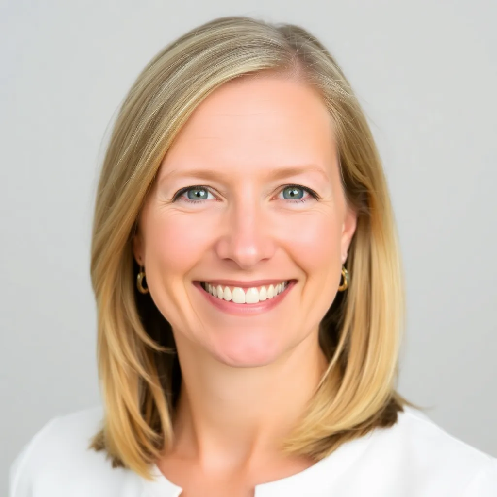 Portrait of Sarah Robinson, a woman with shoulder-length blonde hair and a friendly smile, wearing a white blouse