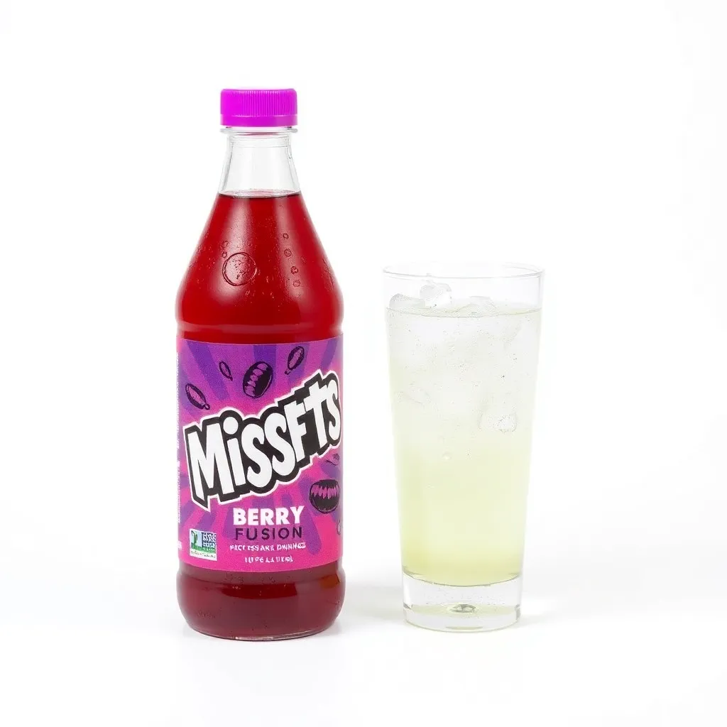 Bottle of Drink Misfits Berry Fusion flavor with purple and pink label and condensation droplets on glass, on white background
