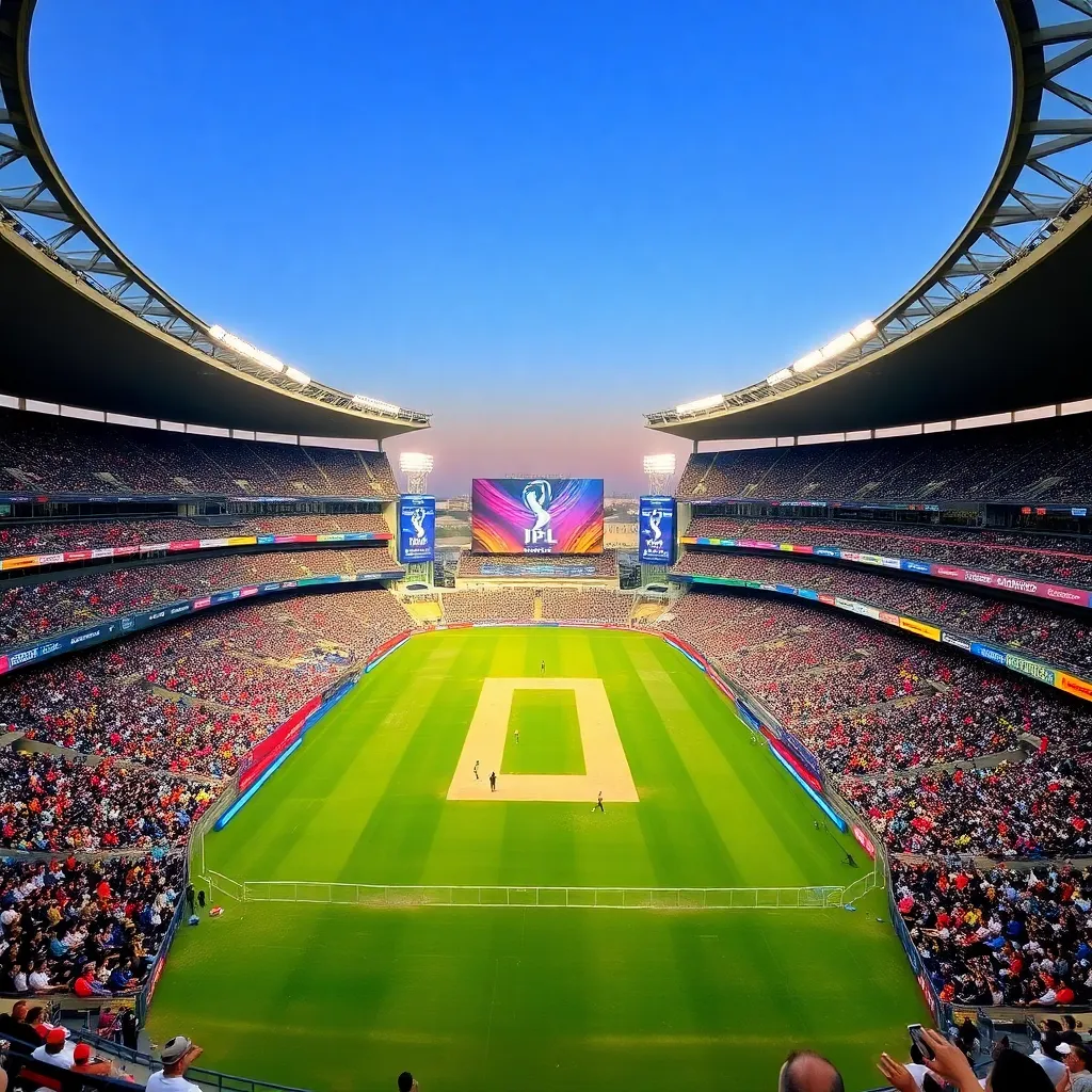 A packed cricket stadium during the IPL 2025 final with Chennai Super Kings and Gujarat Titans players in action under bright daylight