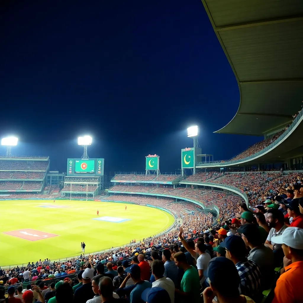 A vibrant cricket stadium filled with cheering fans during a day T20I match between Pakistan and Bangladesh