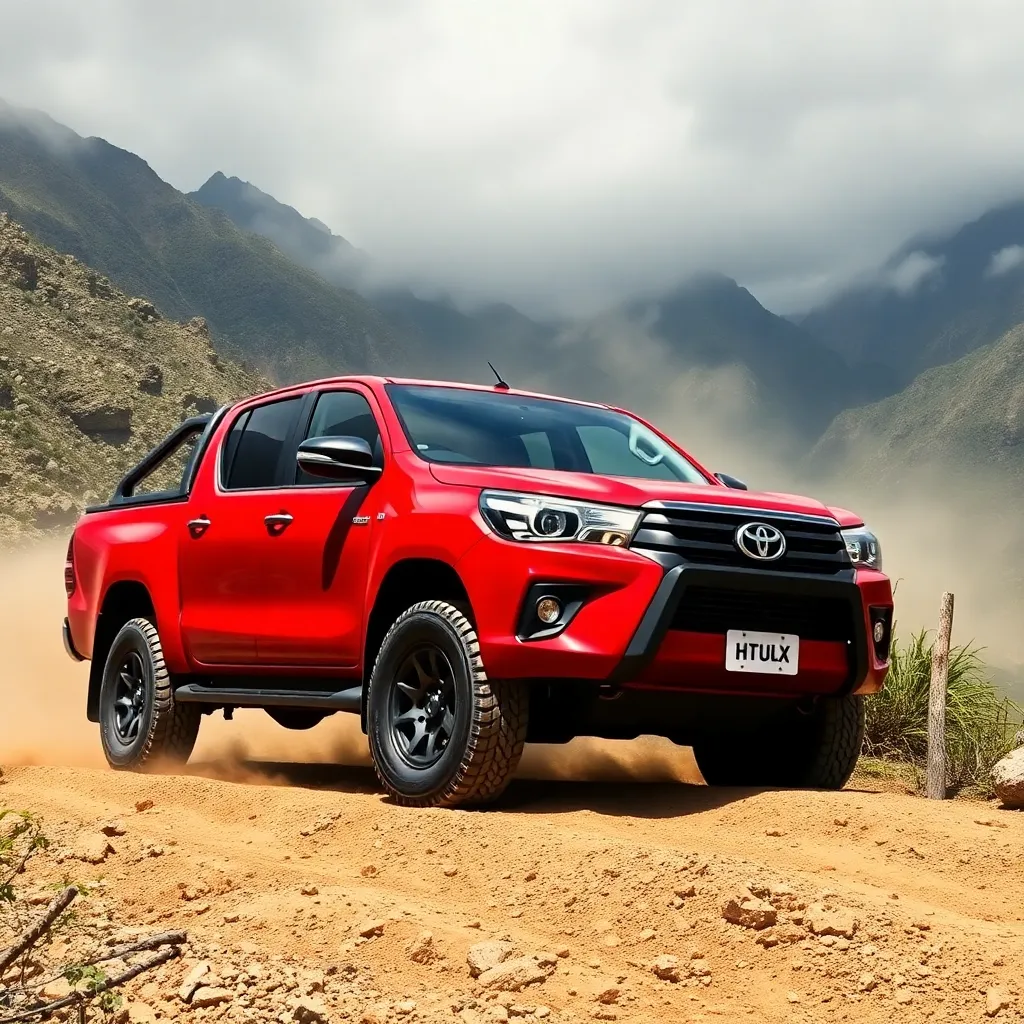 Hilux red 4x4 offroad vehicle on a rugged mountain trail with dust clouds