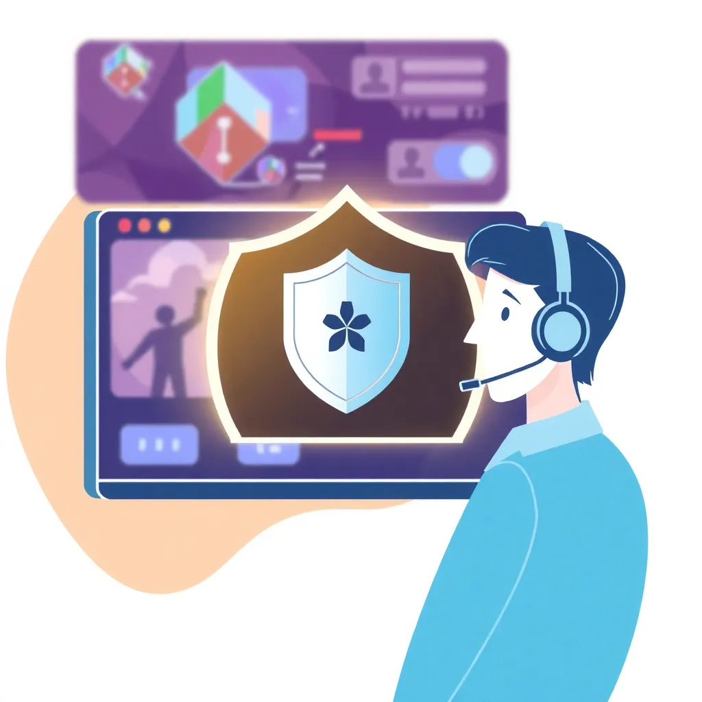 Illustration of secure online gaming with shield icon and customer support agent wearing headset