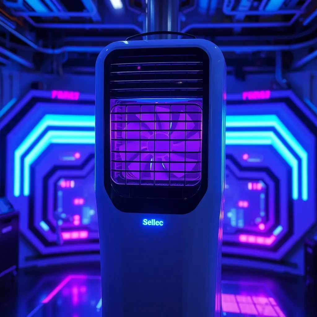 Futuristic air cooler with neon blue and purple lights in a high-tech environment with glowing circuits and digital effects