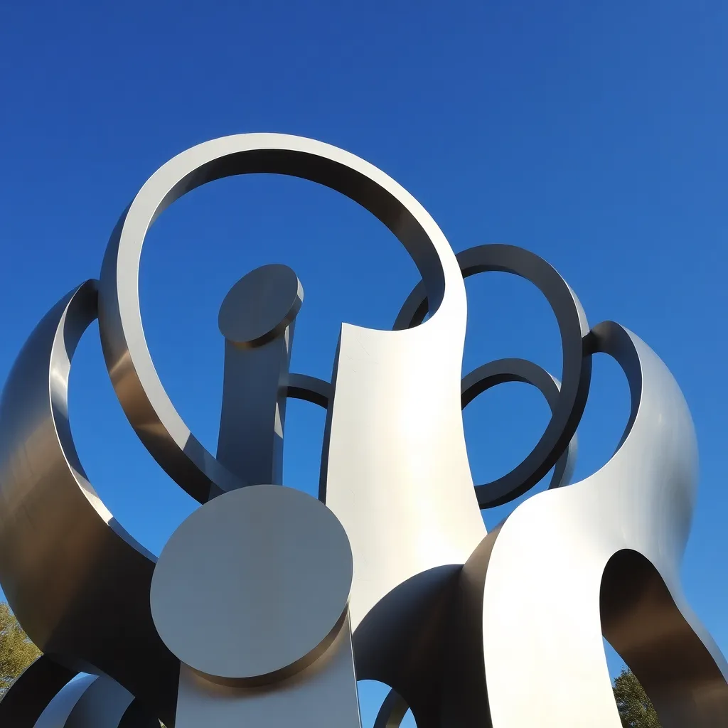 Metallic abstract sculpture with circular shapes and blue sky background