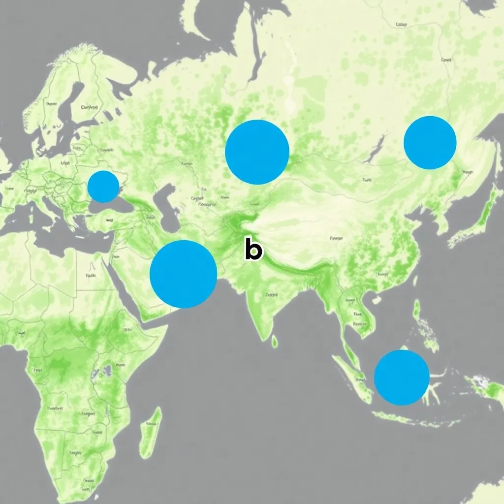 Map with green shading and blue circles marked, labeled (b) at top center