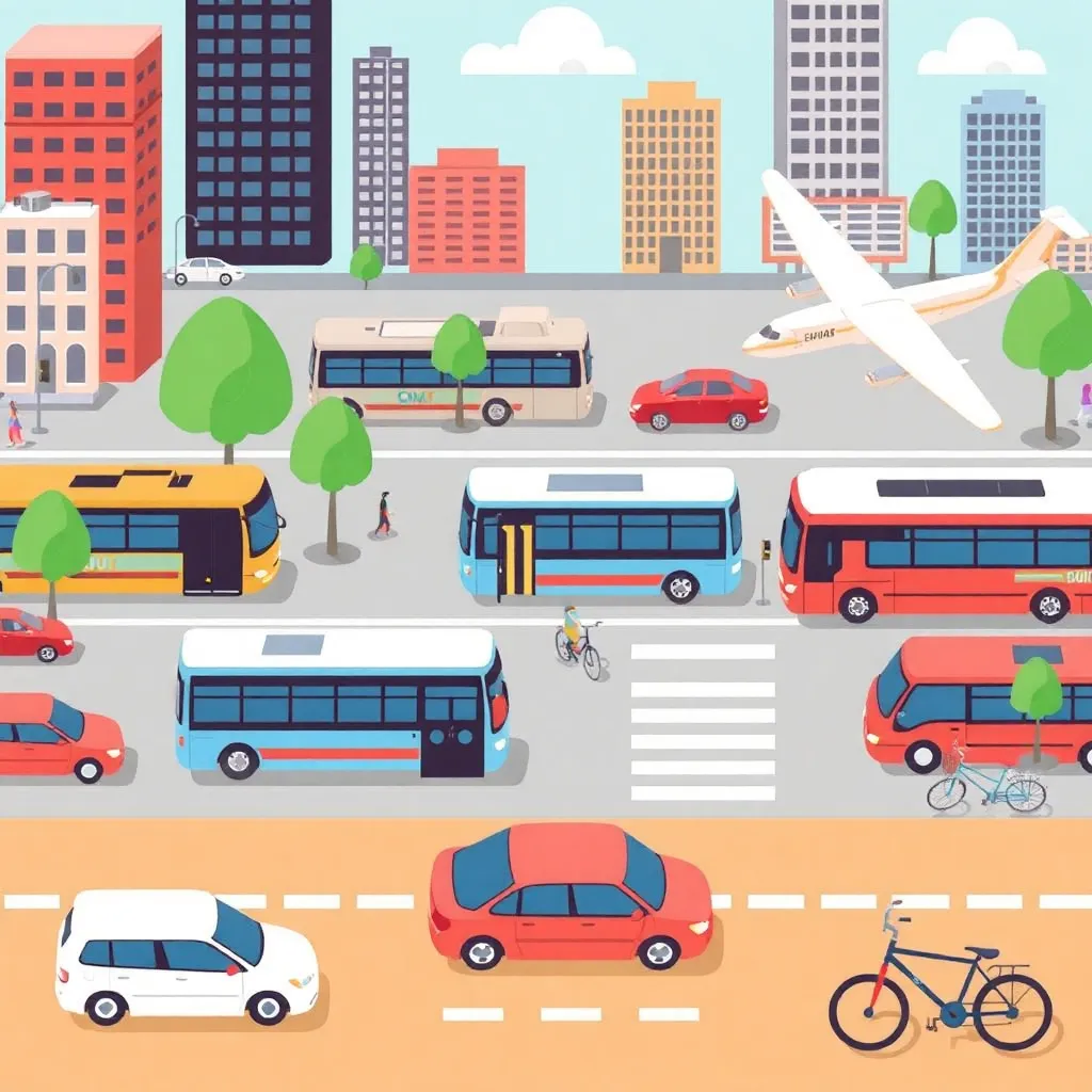 Various modes of transportation including cars, buses, bicycles, and airplanes in a cityscape