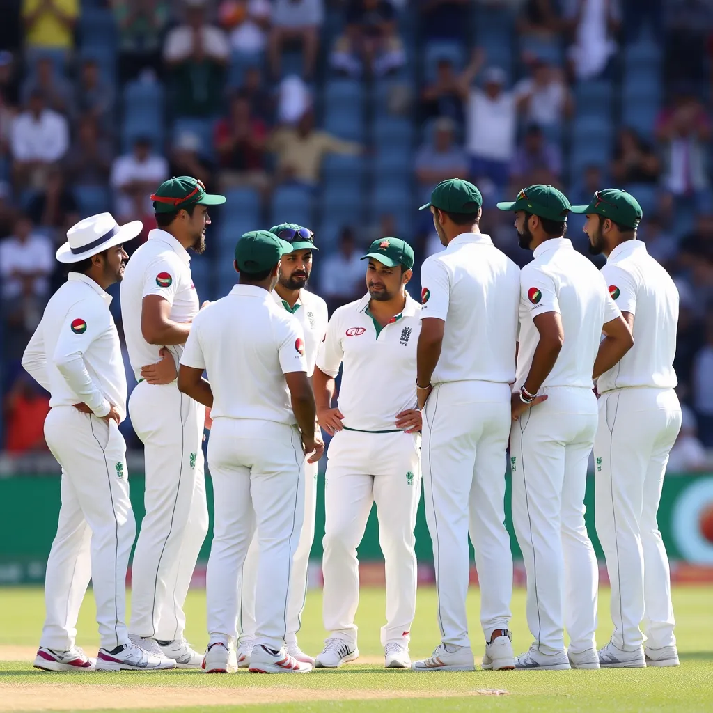Bangladesh cricket team huddled together discussing strategy on the field during a Test match, players in white uniforms