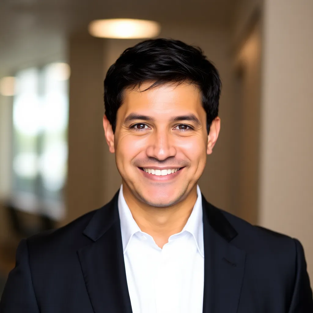 Portrait of Michael Clark, a man with short black hair and a confident smile, wearing a dark suit