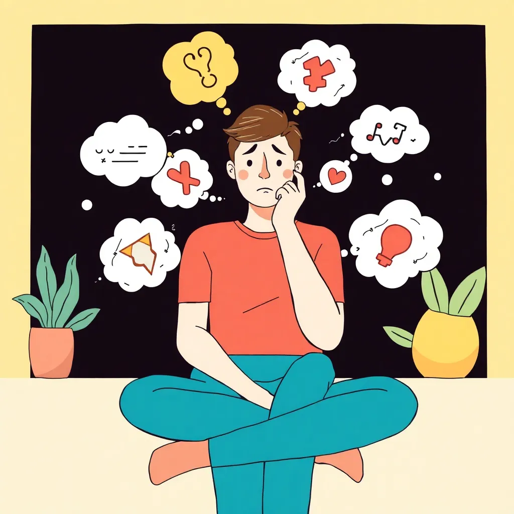 Illustration of a person sitting with anxious thoughts around
