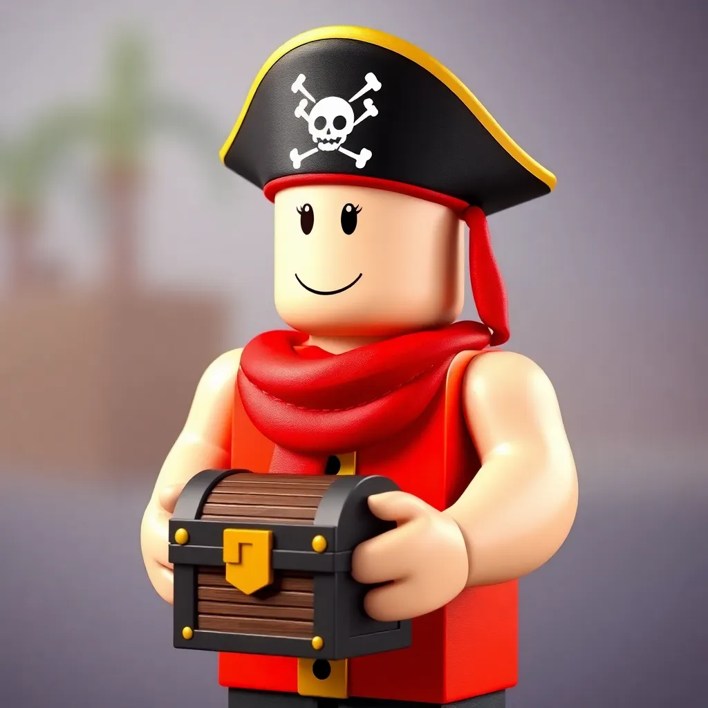 Roblox avatar with a pirate hat and treasure chest gift