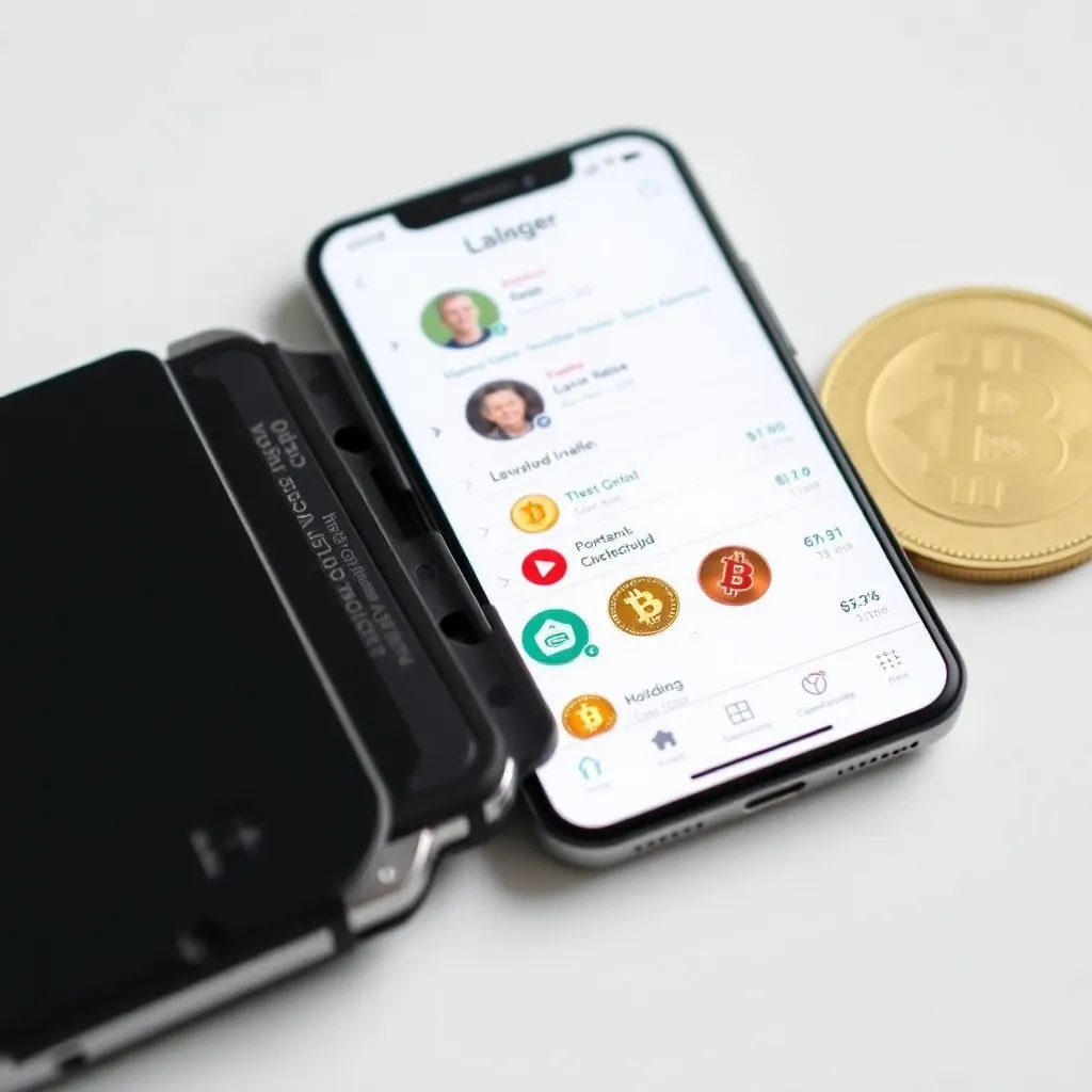 Ledger hardware wallet device and mobile app screen showing portfolio and coins