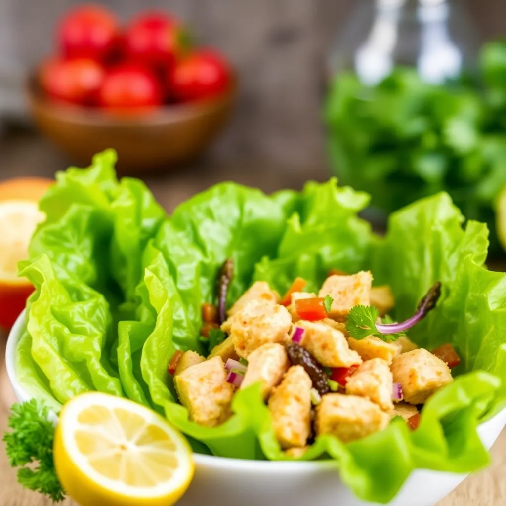 Bowl of fresh lettuce wraps with chicken and vegetables