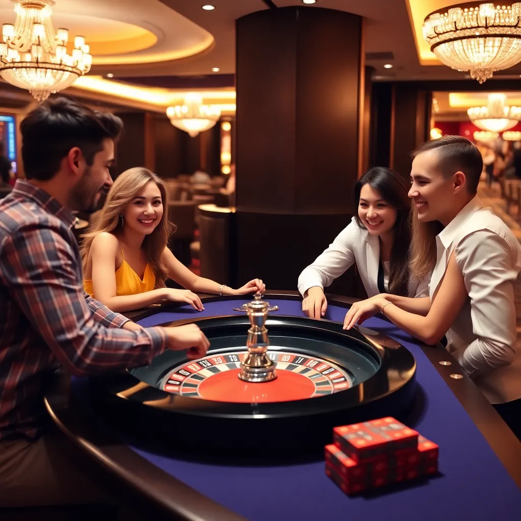 Group of four people playing auto roulette at a casino table, smiling and enjoying the game