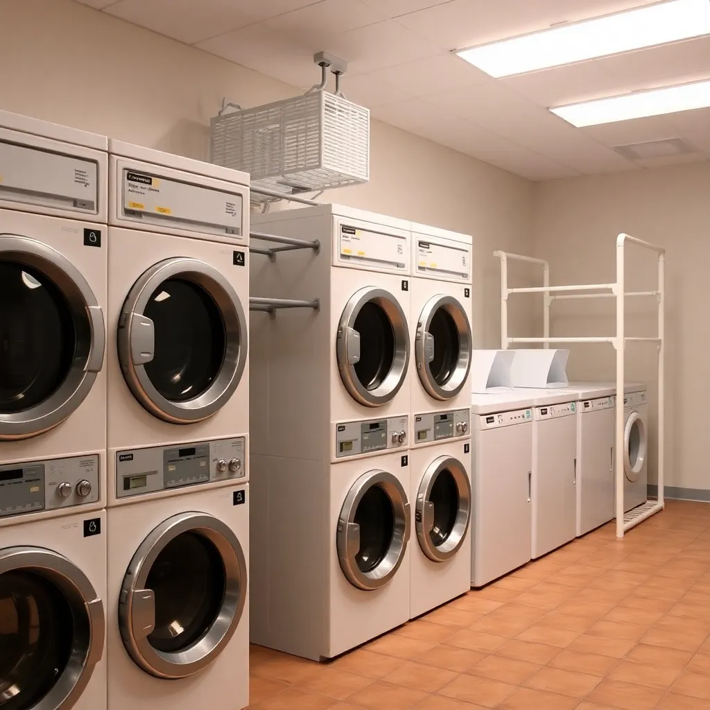 Laundry facility with washing machines and drying racks