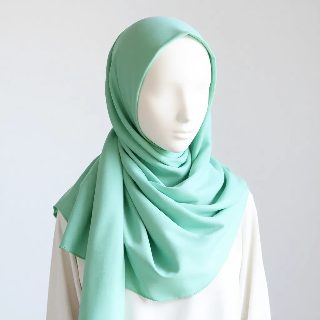 Hijab style recommendation with soft mint green fabric wrapped loosely on a mannequin