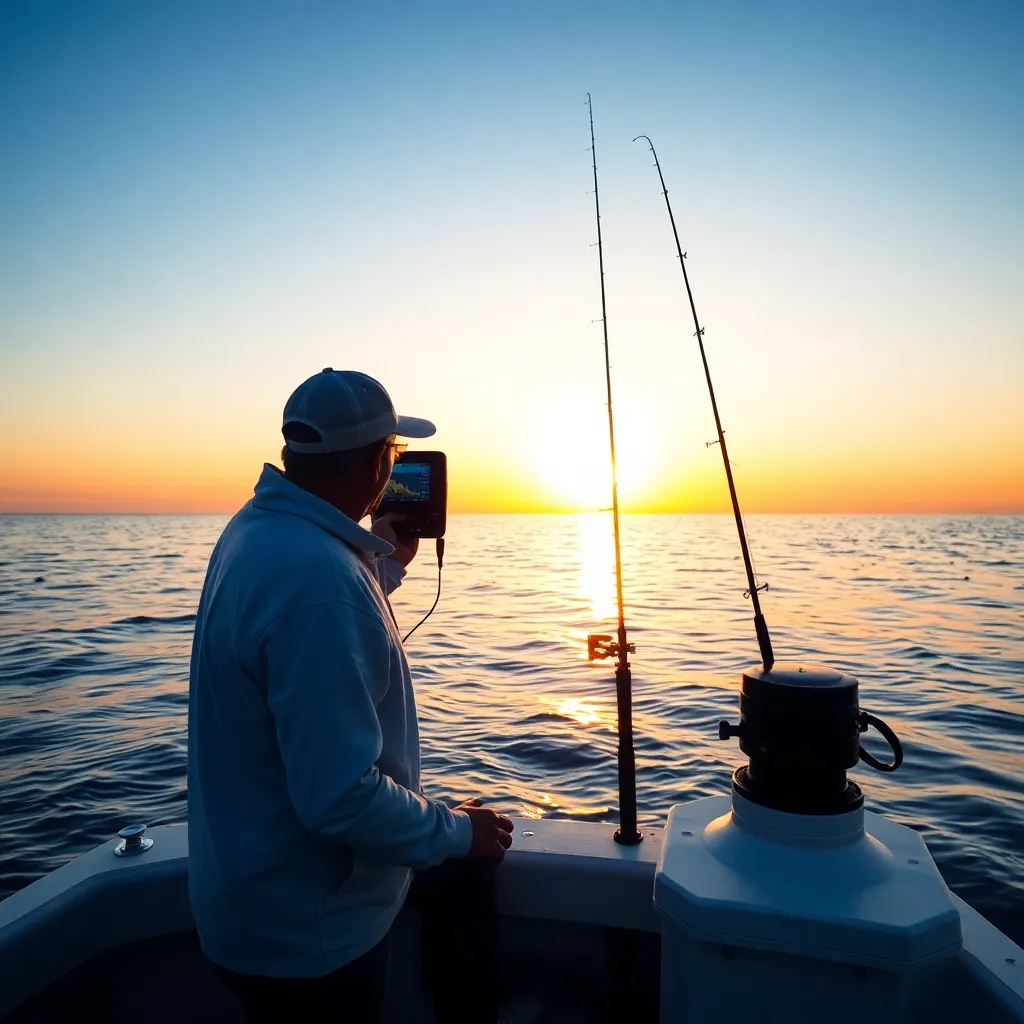 Fisherman using a fish finder device on a boat during sunrise with calm sea