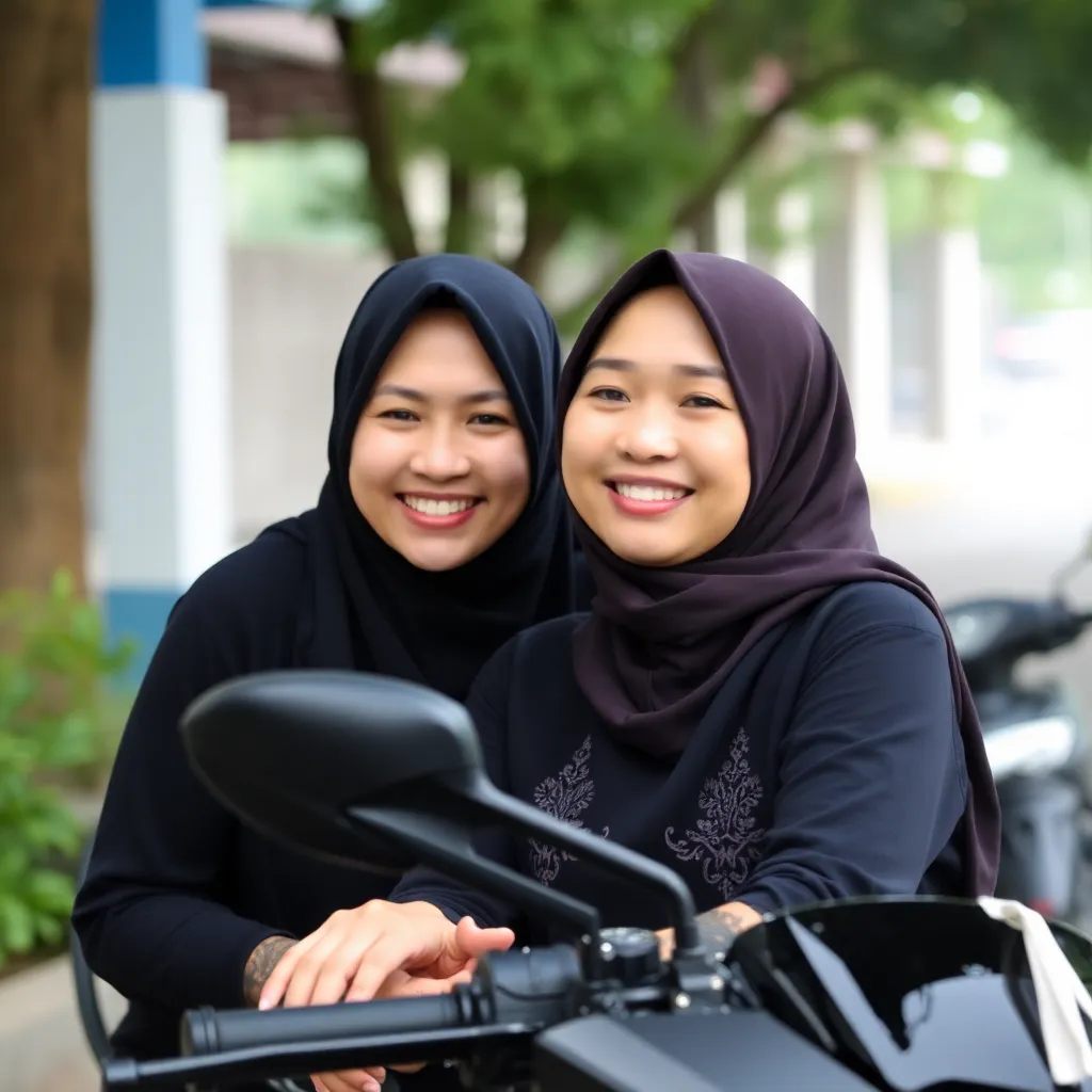 Foto pelanggan wanita dewasa dengan kacamata hitam, tersenyum di depan motor