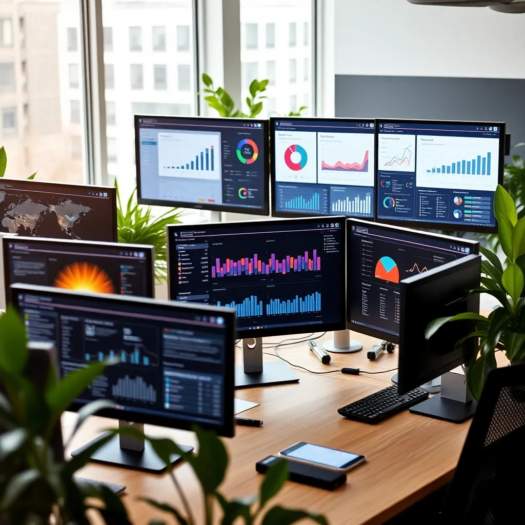A modern office workspace with multiple computer screens showing CRM software dashboards, charts, and graphs, with natural light and plants
