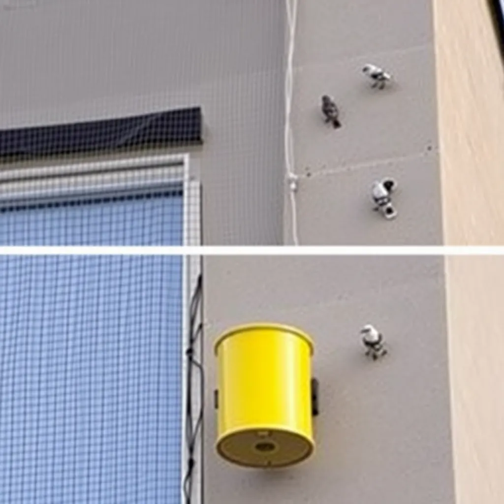 Bird Control: image showing bird netting and deterrents on a building