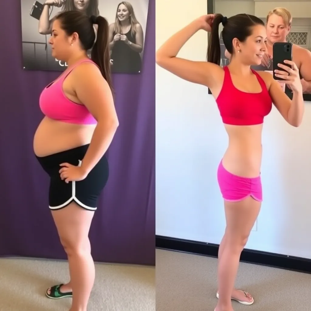 Before and after photos of Jade showing weight loss from Smoothie Diet, side profile before photo on left with pink sports bra and black shorts, after photo on right with red sports bra and pink shorts