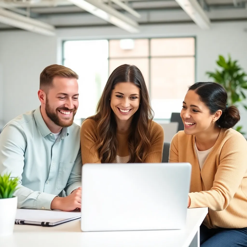 Three people smiling and looking at a laptop together in a bright office environment