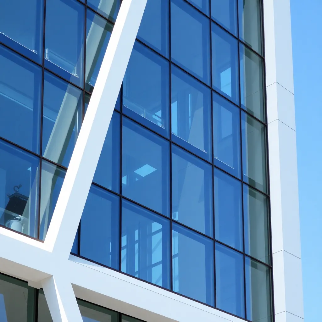 Modern building with glass windows and white structural elements