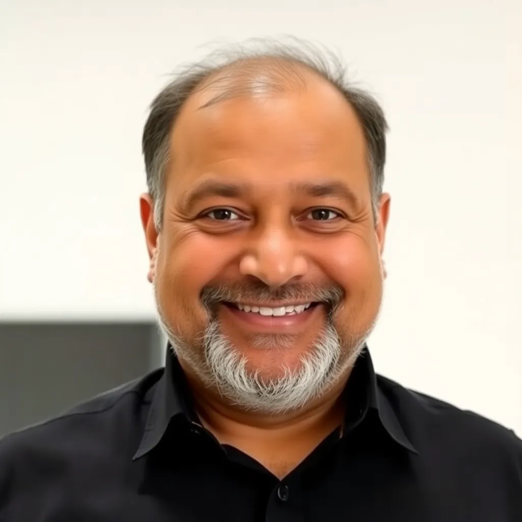 Photo of client Mr. Arvind Desai smiling, middle-aged man with beard, wearing a black shirt