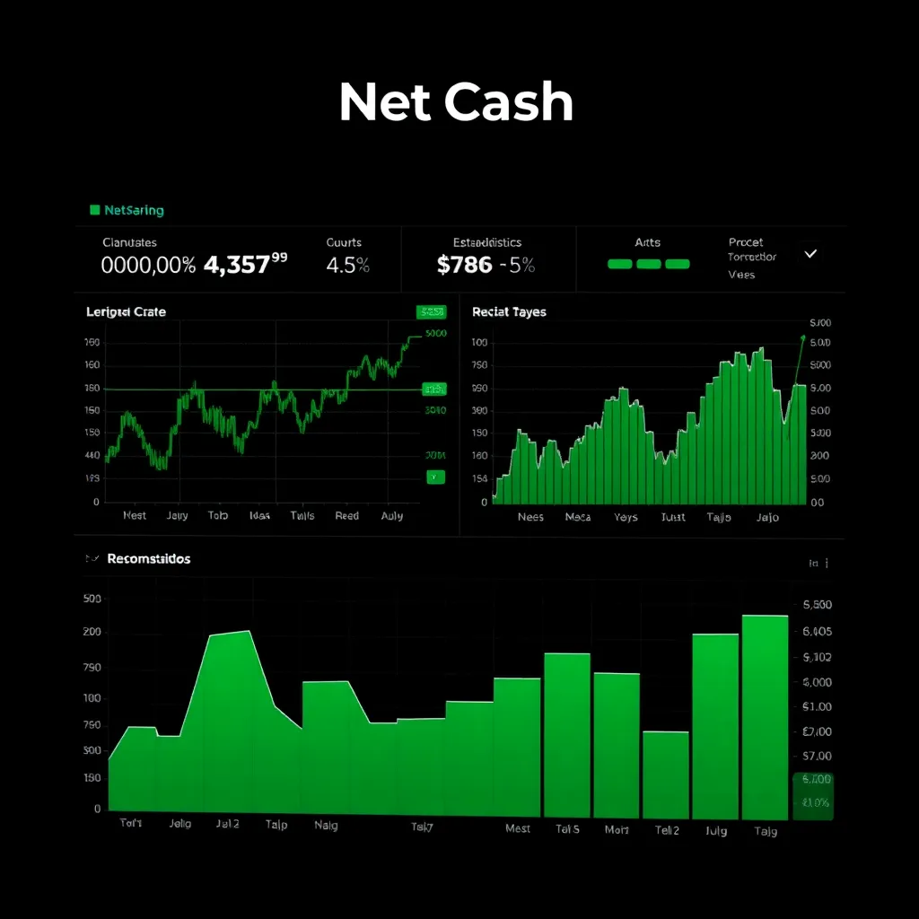 Interfaz de usuario de Net Cash mostrando gráficos financieros y estadísticas en pantalla digital
