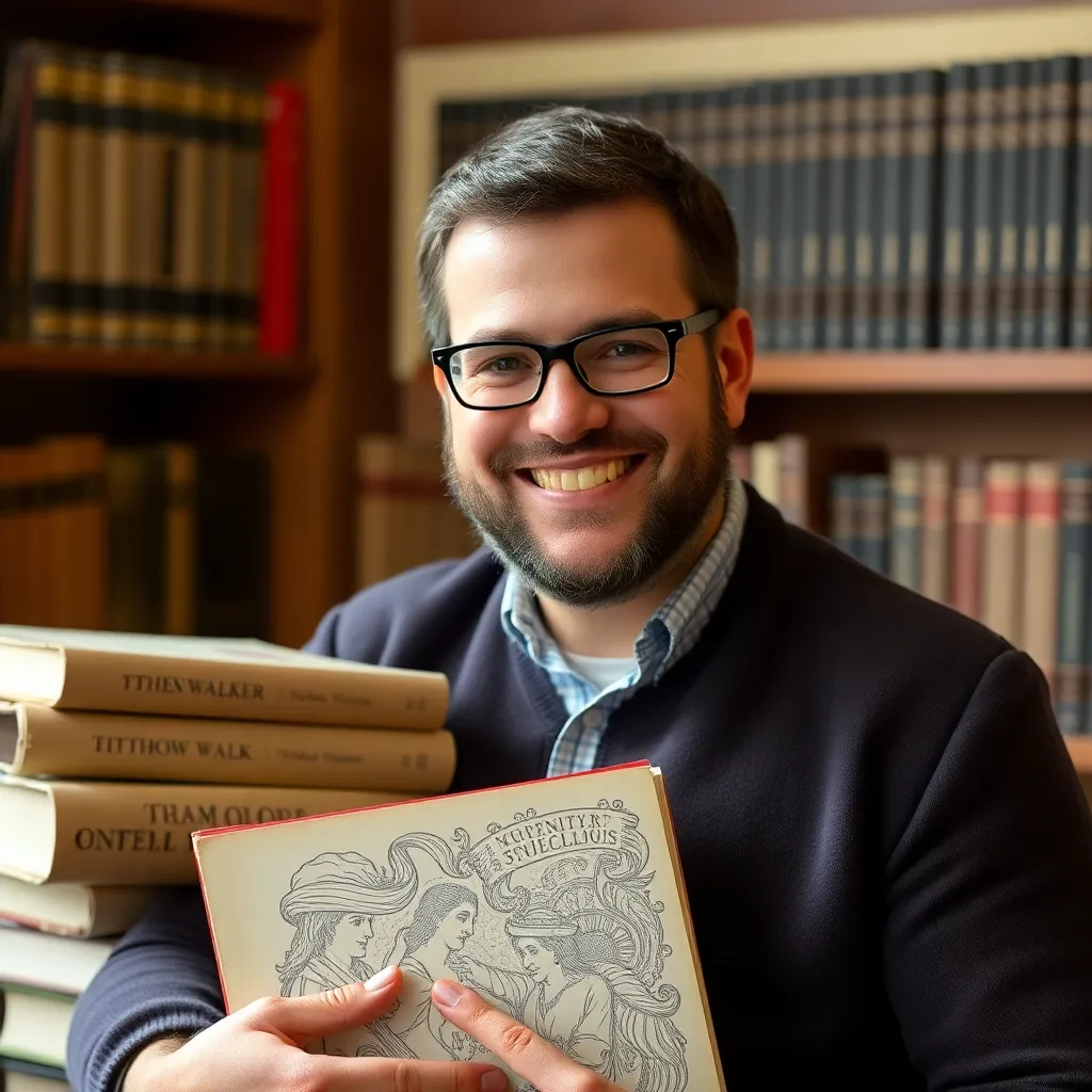 Portrait of Ethan Walker, a male history and social studies tutor, smiling with historical books