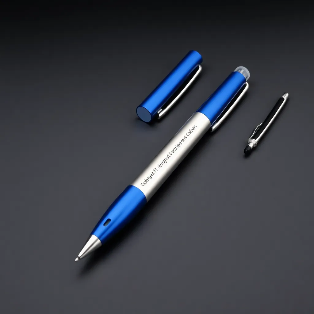 Corporate branded pens in blue and silver with company logos
