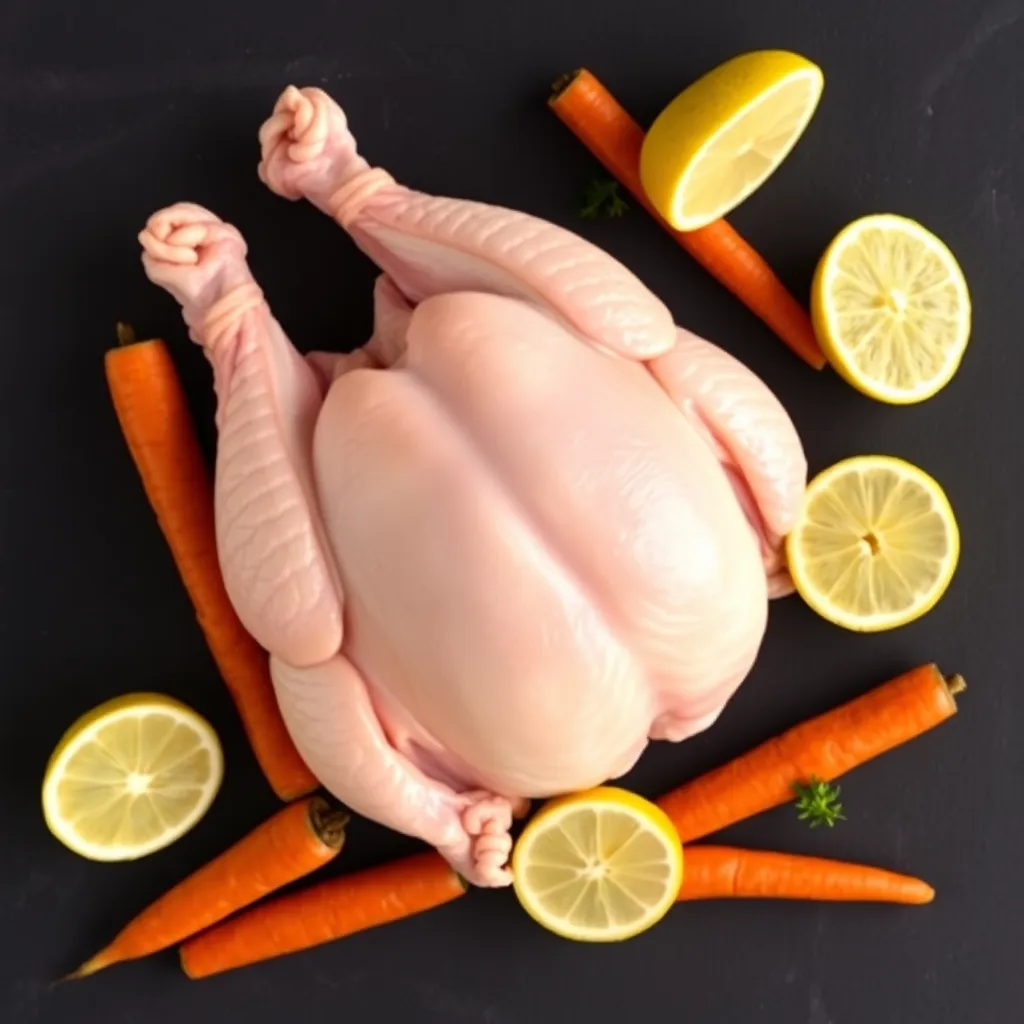 Whole raw chicken with carrots and lemon on black background