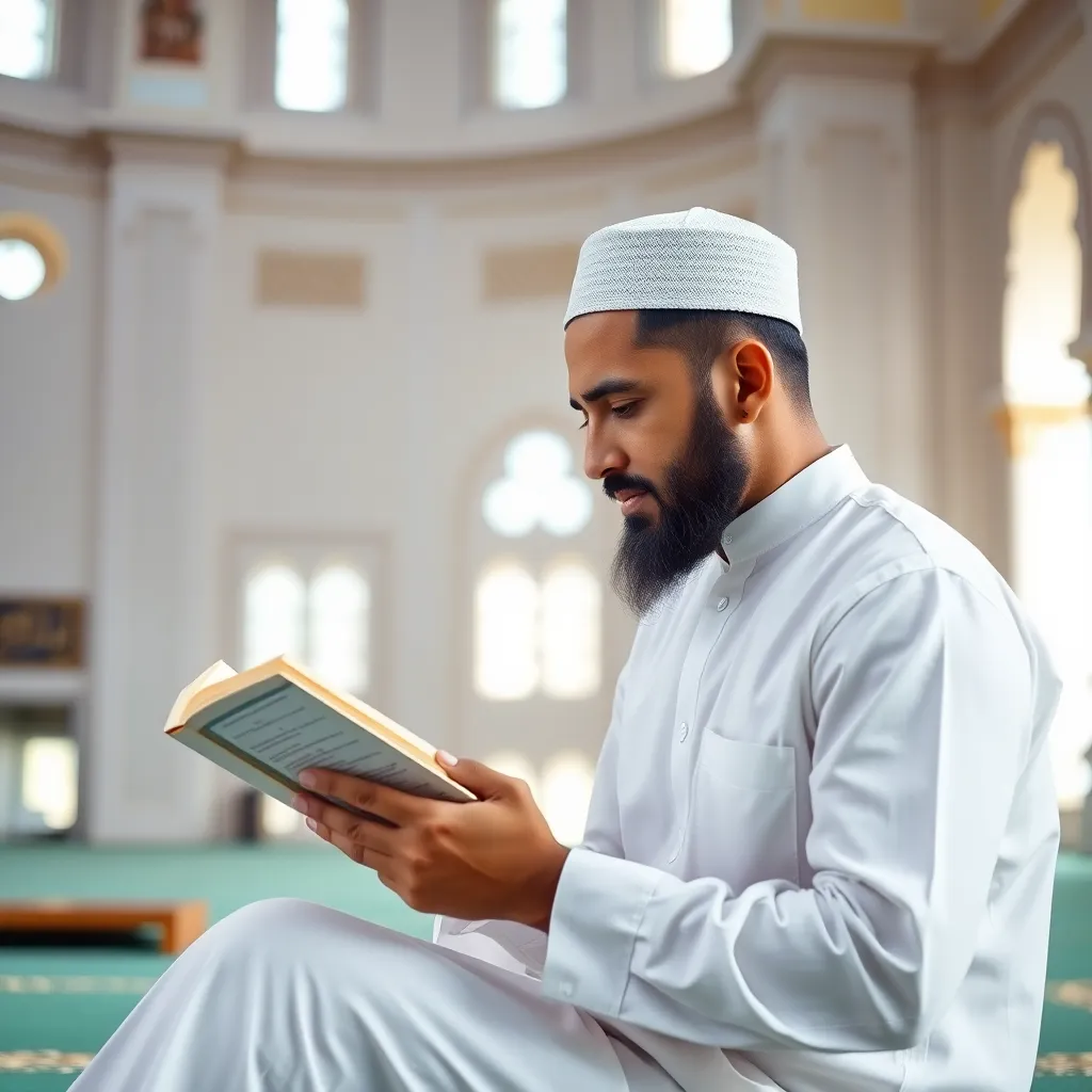 A Muslim man sitting inside a mosque reading a book, wearing traditional white clothing and a prayer cap, with mosque interior visible in soft natural light