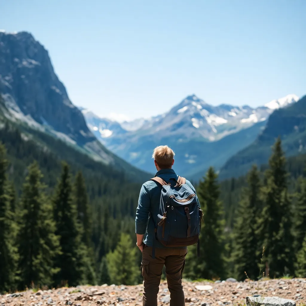 Person with backpack looking at mountains