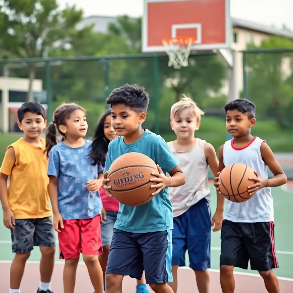 Diverse group of children aged 10 to 18 playing basketball together on an outdoor court