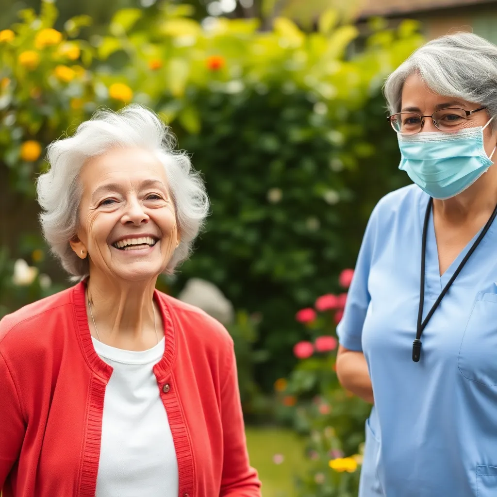 Happy elderly woman with caregiver outdoors