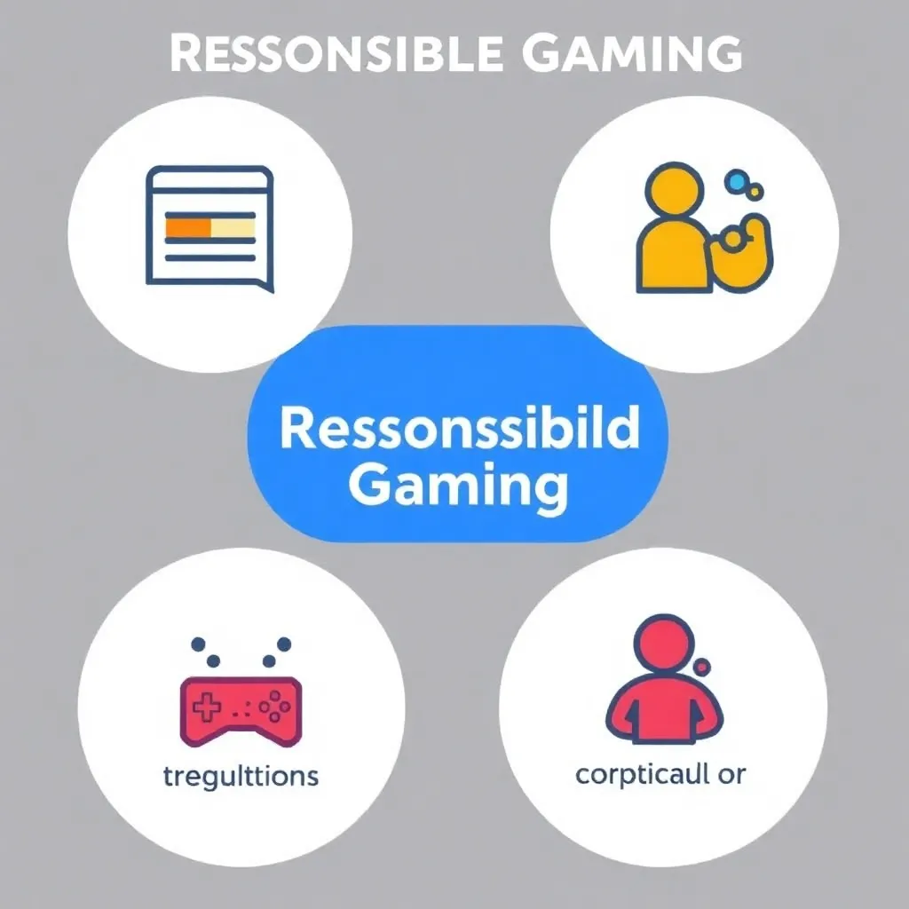 Illustration of responsible gaming support icons including limit setting, break reminders, and support services