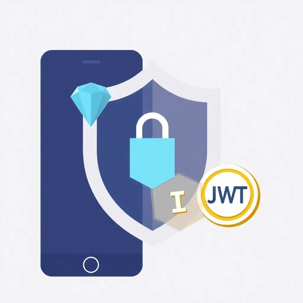 Ilustrasi keamanan aplikasi dengan ikon gembok dan token JWT