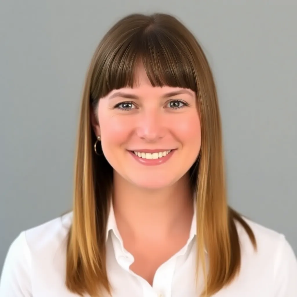 Portrait of Megan Turner, a woman with medium-length brown hair and a gentle smile, wearing a white shirt