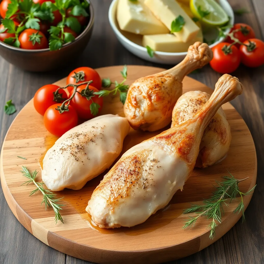 Chicken breast and drumsticks on wooden board with tomatoes and herbs
